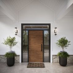 a wooden door with two planters on either side