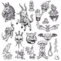 an ink drawing of various types of tattoos