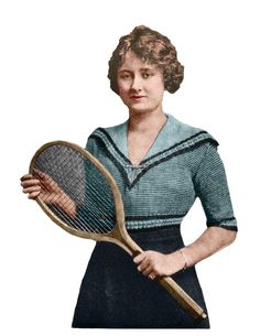 an old photo of a woman holding a tennis racket in one hand and wearing a sweater on the other