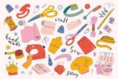 an illustration of sewing related items and words on a white background, including scissors, yarn, thread, buttons, pins, needles, etc