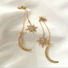 Gold Moon & Star Earrings. Gold Plated. Aprox 4" Drop. Very Pretty And Unique. **Always Bogo Buy2 Get1 Free- @Pepepizzazz **I Accept Reasonable Offers *** Bundle! The More You Bundle The Better The Discount Dangling Star Earrings, Gold Prom Accessories, Prom Purple, Black Crystal Earrings, Faberge Jewelry, Gold Star Earrings, Mickey Mouse Earrings, Prom Accessories, Bridal Wedding Earrings