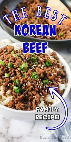 the best korean beef recipe is in a bowl with rice and green onions on top