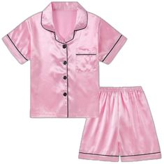 Pink Short Sleeve Sleepwear, Pink Short Sleeve Short Set For Sleep, Pink Short Sleeve Sleep Set, Pink Short Bedtime Sets, Pink Short Sleeve Home Sets, Pink Short Sleeve Short Set For Bedtime, Pink Short Sleeve Bedtime Set, Pink Short Sleeve Sleepwear For Sleepover, Pajamas Satin