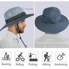 Sun Protection Safari Hat Wide Brim Fishing Hiking Boonie Cap for Men Women It is a premium quality sun hat for sun precaution. It has incredibly ability of breathable and comfortable. The contour is so free and fashionable. The greatest hat there has ever been, or ever will be in summer for talent showing itself. It is really suitable for camping , cycling or Fishing. ONE SIZE FITS MOST Casual style unisex sun hat, snug and cosy fit. Head brim 3.7", overall diam 15.5", head diam 7, head circumference 23.8". One size fits most adults head size. SUN PROTECTION UV protection micro-fiber features 100 SPF/ UPF 50. Keeps the sun from your face and neck and offers great protection from the damaging rays. High quality micro-fiber material. ADJUSTABLE The sun hat has an adjustable chin strap to ke Durable Casual Sun Hat For Fishing, Casual Durable Sun Hat For Fishing, Durable Casual Bucket Hat For Fishing, Casual Durable Bucket Hat For Fishing, Brimmed Sun Hat With Upf 50+ For Outdoor Work, Durable Brimmed Bucket Hat For Fishing, Wide Brim Sun Hat For Outdoor Work, Durable Adjustable Wide Brim Hat, Durable Wide Brim Hat With Adjustable Fit