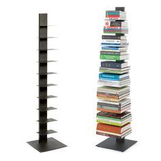 two tall bookshelves sitting next to each other on top of each other in front of a white background