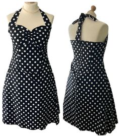 "Polkadot Halterneck 50's style A line Swing Dress in Black & White in sizes UK 10 12 14 16 18 20  Cool cotton halterneck style with spandex stretch & back zip & wide strap for comfortable wear Flattering sweetheart neckline Generously cut waist & hips & tailored fitting to flatter your curves Cleverly designed with a scooped front bodice panel  Wear with a petticoat for extra oomph Check out my other 50s & Vintage Inspired Clothing :) Size                         Bust                                 Waist             Hips                Length Size 10/12 (01)34/36\"~86/91cm        30\"/76cm38\"/96cm35\"/88cm Size 12/14 (02)36/38\"~91/96cm        32\"/81cm40\"/101cm36\"/91cm Size 14/16 (03)38/40\"~96/101cm        34\"/86cm42\"/106cm37\"/93cm Size 16/18 (04)40/42\"~101/106cm36\"/91cm44\"/11 Fitted Black Dresses For Retro-themed Events, Black Fitted Dress For Retro-themed Events, 1950s Style Polka Dot Dress For Retro-themed Events, Fitted Rockabilly Dress For Retro-themed Events, Fitted Rockabilly Summer Dresses, Fitted 1950s Style Polka Dot Dress, Fitted Polka Dot Dress In 1950s Style, Polka Dot Rockabilly Dress For Retro-themed Events, Fitted Dresses For 1950s Retro-themed Events