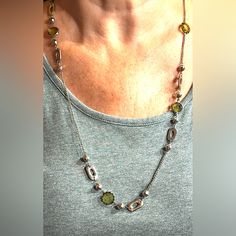 This Is An Unused Fashion Necklace - Goes On Over Head And Hangs Just Below The Chest. It Has Metallic Silver Beads, Translucent Light Green Stones, And Unique Detailed Metalwork. It’s Quite Pretty In Person. Versatile To Wear To Work Or Wear Out! Elegant Metal Chain Necklace With Silver Beads, Elegant Silver Beaded Chain Necklace, Silver Metal Beaded Necklace With Adjustable Chain, Silver Beaded Necklaces With Round Beads, Beaded Necklace With Silver Chain, Silver Metal Jewelry With Faceted Beads, Elegant Silver Beaded Chain Necklaces, Green Metal Jewelry With Silver Beads, Silver Sterling Silver Beaded Necklace With Adjustable Chain