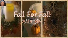 three pictures of fall decorations with pumpkins and sunflowers in the center, along with an image of a woman's face