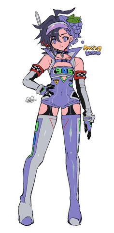 a drawing of a female character with purple hair and green eyes, holding her hands on her hips