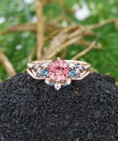 Round cut pink sapphire engagement ring set Vintage Rose gold Bridal ring set Topaz Snowdrift ring Diamond wedding ring Anniversary ring The engagement ring: ❥Center Stone: Gemstone: Lab pink sapphire Shape: Round cut Size: 6.5 mm ❥Side Stones: Blue Gemstones: London blue topaz White Gemstones: Natural Diamonds or Moissanite Carat total weight: about 0.25ct ❥Ring Dimensions Band width: 1.50mm Band thickness: 1.20mm The wedding band: ❥Stones: Blue Gemstones: London Blue Topaz White stones: Natura Pink Sapphire Round Cut Ring For Wedding, Pink Sapphire Wedding Ring Round Cut, Pink Sapphire Ring For Wedding, Pink Round Cut Sapphire Ring For Wedding, Wedding Pink Gold Sapphire Ring With Prong Setting, Pink Round Cut Sapphire Wedding Ring, Pink Sapphire Ring With Prong Setting For Wedding, Pink Cluster Ring With Round Cut For Anniversary, Pink Cluster Ring With Prong Setting For Wedding