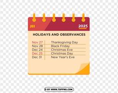 a calendar with the holidays and observance dates on it, transparent background