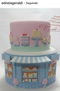 two tiered cakes with teddy bears on them are decorated in pastel blue and pink