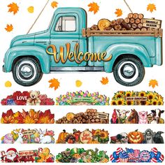 a blue truck filled with lots of fall decorations and pumpkins next to a welcome sign