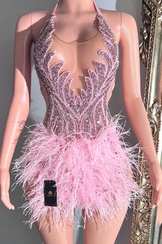 Pink Birthday Dress Black Women, Pink Bday Dress, Pink Feather Dress, Pink Birthday Dress, Rhinestone Mini Dress, Hot Pink Birthday, Rhinestone Mini Dresses, Prom Date, Rhinestone Dress