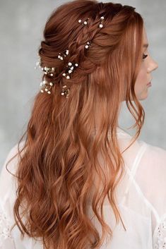 33 Wedding Updos With Braids ❤ wedding updos with braids half up half down on red hair with baby breath hairandmakeupbysteph #weddingforward #wedding #bride #weddinghairstyles #weddingupdoswithbraids Updos With Braids, Wedding Updos, Flowers In Her Hair, Braided Half Up, Wedding Hair Inspiration, Trending Hairstyles, Braided Updo, Half Up Hair