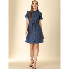 Elevate your summer wardrobe with the Allegra K Women's Jean Chambray Dress, a perfect blend of comfort and casual chic. This medium blue denim dress is designed to keep you cool and stylish with its lightweight fabric and versatile features.

- **Color:** Medium Blue
- **Material:** Denim
- **Size:** Medium
- **Gender:** Female
- **Features:** Pointed collar, drawstring waist, four practical pockets

Ideal for a variety of occasions, from beach outings to casual parties, this dress promises a f Knee-length Denim Blue Chambray Dress, Denim Blue Chambray Knee-length Dress, Summer Denim Top For Workwear, Summer Chambray Button-up Shirt Dress, Denim Blue Short Sleeve Shirt Dress, Summer Chambray Collared Denim Top, Summer Chambray Shirt Dress, Denim Blue Chambray Short Sleeve Dress, Blue Denim Top For Summer Workwear