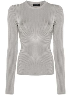 medium grey stretch-design ribbed knit crew neck long sleeves ribbed cuffs and hem unlined Elegant Crew Neck Knit Top With Ribbed Cuffs, Elegant Knit Top With Ribbed Cuffs And Crew Neck, Elegant Ribbed Crew Neck Knit Top, Elegant Long Sleeve Knit Top With Ribbed Cuffs, Fitted Crew Neck Knit Top In Gray, Fitted Crew Neck Gray Knit Top, Elegant Ribbed Crew Neck Sweater, Fitted Gray Crew Neck Knit Top, Fitted Ribbed Gray Sweater