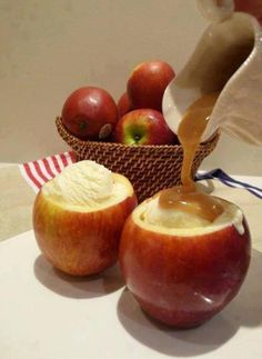 apples with caramel sauce being poured into them