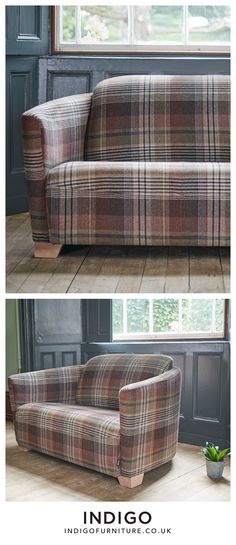 two pictures of the same couch in different colors and sizes, one with plaid upholstered