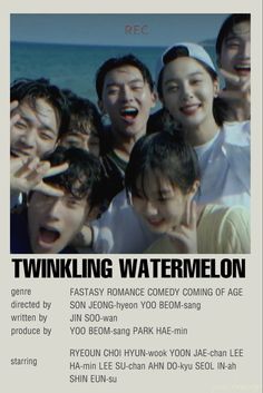 a group of young men standing next to each other in front of an advertisement for twining watermelon