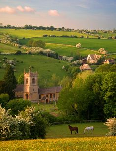 two horses graze in a field near a large house and farm with green rolling hills