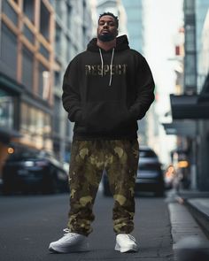 This black camouflage-style hoodie set blends classic and modern styles with a unique twist. It features a "Respect" font, effortlessly fusing street culture with timeless fashion. Designed for ultimate comfort, the relaxed fit keeps you cozy while offering a sharp edge. Type: Men's Hoodie Pants Set Designs: Print, Letter, Camouflage, Green Style: Casual Fit: Loose Neckline: Hooded Sleeve Length: Long Sleeve Elasticity: Slightly Stretchy Occasion: Causal, Street Stroll, Sports, Shopping, Party C Camouflage Hoodie Sweatshirt For Streetwear, Casual Camouflage Hoodie For Streetwear, Camouflage Hoodie For Winter Streetwear, Camouflage Cotton Sweatshirt For Streetwear, Winter Camouflage Sweatshirt For Streetwear, Camouflage Hoodie For Streetwear, Urban Camouflage Sweatshirt For Streetwear, Sporty Camouflage Sweatshirt For Streetwear, Urban Camouflage Hoodie