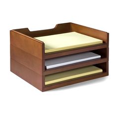 a wooden desk organizer with three compartments for papers and folders on the bottom shelf