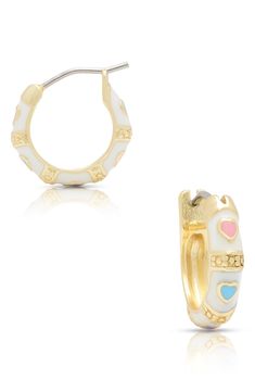 Colorful hearts add instant charm to these kid-size hoop earrings that'll easily elevate their everyday ensembles. Adult supervision strongly recommended; jewelry presents choking hazard and should be removed when infant or small child is unattended Goldtone plate/enamel Imported Preppy Accessories, Bright Jewelry, Dainty Gold Earrings, Preppy Jewelry, Colorful Hearts, Heart Hoop Earrings, Jewelry Accessories Ideas, Dope Jewelry, Stacked Jewelry