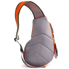 an orange and grey baby carrier on a white background with the strap down to it's side