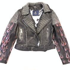 Barya NewYork Ladies Rose Fire Painted Spiked Biker Jacket - Dudes Boutique Designer Long Sleeve Leather Jacket For Biker Events, Designer Black Leather Jacket For Fall, Designer Black Leather Jacket For Spring, Designer Black Fitted Biker Jacket, Designer Biker Jacket For Fall Events, Designer Fitted Black Biker Jacket, Designer Fitted Biker Jacket For Events, Spring Rocker Leather Jacket For Biker Events, Rocker Leather Jacket For Biker Events In Fall