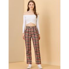 These pants are essential for dressing up or down. Lightweight fabric, covered in a plaid pattern, shapes these trendy trousers with a high-rise fit. How it is a bit high waist and how it gathers at the waist adding shape to the body. You may love everything about these trousers, from their regular fit to the elastic high-waist, which could double as a hiding mechanism for women with love handles. Style these trousers with a crop top and heels for the ultimate look. This fashionable and trendy c Trendy High Waist Plaid Bottoms, Trendy Plaid Cotton Pants, Trendy Non-stretch Plaid Bottoms, Trendy Plaid Trousers, High Waist Plaid Pants For Fall, Casual Plaid High-waisted Pants, Casual High Waist Plaid Pants, Casual High-waisted Plaid Pants, Trendy Plaid Ankle-length Bottoms