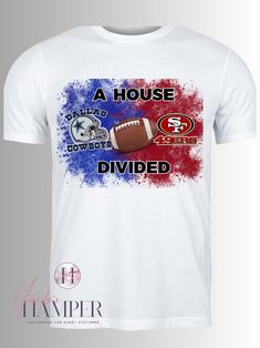 Are you a household divided when it comes to sports teams? Our t-shirt design  is perfect for families or roommates who root for opposing teams. Whether it's college football rivalries, MLB matchups, or any other sport, our customizable design allows you to proudly represent your team while playfully teasing the other side. Show off your team spirit and sense of humor with our one-of-a-kind t-shirt design. Perfect for game day, family gatherings, or just showing off your competitive spirit at home. Grab yours today and let the games begin! Family Divided Football Shirts, Football Rivalry Shirts, Collegiate T-shirt With Custom Print For Game Day, Sports Fan T-shirt With Team Name For Tailgating, Custom Print T-shirt For Football Season Team Events, White Sublimation Design Fan Apparel For Game Day, Football Season Fan Apparel With Team Logo, Short Sleeve Sublimation T-shirt For Football Season Game Day, Collegiate Sublimation Design Team-colored For Football Season