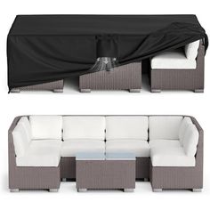 an outdoor furniture set with black and white covers