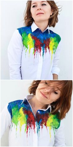 Artistic Multicolor Cotton Shirt, Handmade Blouse, Rainbow Paint, Unique Women, Rainbow Shirt, Drip Painting, Women Shirt, May 27, Tie Dye Top