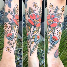 three different views of a woman's leg with flowers on it