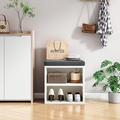 a shoe rack with shoes and bags on it