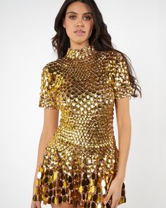 NALA DRESS GOLD High Neck Sequin Dress, Silver Head Piece, Gold Headpiece, Chain Dress, Cute Dress Outfits, Dress Gold, Party Style, Silver Dress, Burning Man