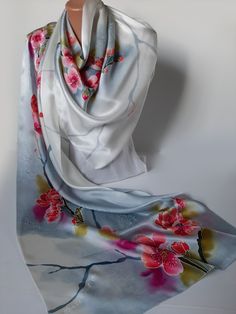 Hand Painted Long Silk Scarf Cherry Blossoms, Batik Christmas Gift I PLEASE ATTENTION FOR DEAR BUYERS! I thank all visitors to my store! I love to make unique scarves, shawls, tunics, dresses for you. I PLEASE read all the information regarding the order before ordering! Cherry Blossom Silk Scarf Hand painted silk scarves. Pink grey flower scarf. A birthday present for her, a gift for mom. Unique Floral Scarves Scarf in pink and grey paint, Luxury scarves painted, Scarves with flowers, Bright pi Silk Scarf With Floral Print For Gift, White Silk Scarf With Floral Print For Gift, Silk Scarves With Floral Print For Gift, Silk Scarves With Floral Print As Gift, Silk Floral Print Scarf As Gift, White Floral Print Silk Scarf For Gift, White Floral Print Silk Scarf As A Gift, Floral Print Silk Shawl Scarf For Gift, Floral Print Silk Shawl Scarf As Gift