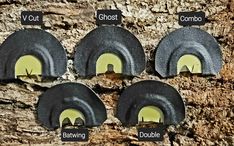 four different types of grinding wheels on a tree trunk, labeled in the following words