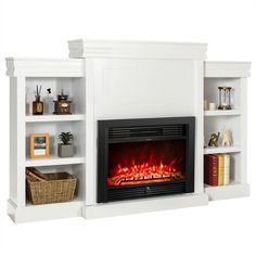 a white fireplace with an electric fire in the center and bookshelves on either side