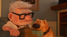 an older man with glasses is next to a dog in the animated movie scooby