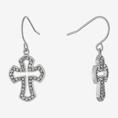 a pair of earrings with a cross on the front and an ear hook in the back