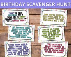 four birthday scavenger cards with the words happy birthday scavenger hunt