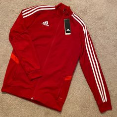 Nwt Adidas Full Zip Track Jacket, Youth Size Xl(15/16) Red. Smoke And Pet Free Home Casual University Red Sports Outerwear, University Red Long Sleeve Tops For Winter, Red Outerwear With Ribbed Cuffs For Fall, Red Cotton Long Sleeve Outerwear, Sporty Red Cotton Outerwear, Casual Red Cotton Track Jacket, Red Cotton Casual Track Jacket, Sporty University Red Outerwear For Fall, Red Sportswear Outerwear For Winter