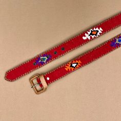 Red Guatemalan Belt - Color Variations Traditional Leather Belts For Festivals, Adjustable Folk Style Belts For Festivals, Handmade Leather Bohemian Belts, Handmade Bohemian Leather Belts, Traditional Adjustable Embroidered Belts, Multicolor Embroidered Leather Belt, Traditional Brown Belt For Festivals, Traditional Adjustable Leather Belt, Artisan Handmade Leather Belt