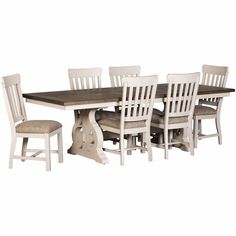 a dining room table with chairs and a bench next to it on a white background