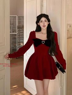 Mqtime Women's Red Velvet Dresses Square Collar Long Sleeve Bow Heart Design Mini Dress Autumn Winter Female Party Dress Christmas Red Velvet Dresses, Party Dress Christmas, Square Collar Dress, Chiffon Ruffle Dress, Velvet Dresses, Red Velvet Dress, Dress Christmas, Dress Autumn, Christmas Party Dress