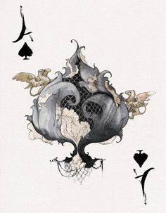 an ace playing card with two hearts on it and three birds flying around the back