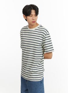 Product Detail Style : Casual Occasion : Back to school Type : Men, TShirts Print : Stripe Material : Cotton Sleeve : Short sleeve Neck : Round neck Length : Regular Fit : Loose fit Cotton100 Color : White, Dark blue Made in Korea Model Size Model is wearing size M/L and the color White. Height : 6'0" | 184cm / Top : L / Bottom : XL (32 inch) .prddescription table, .prddescription td, .prddescription th { border : 1px solid black; border-collapse : collapse; padding: 10px; } Size(Inch) Size Shou Casual Striped Short Sleeve T-shirt, Casual Cotton Crew Neck Shirt, Casual Striped T-shirt For Streetwear, Casual Striped Crew Neck T-shirt, Casual Striped Crew Neck Shirt, Striped Relaxed Fit Short Sleeve T-shirt, Striped Cotton Crew Neck Shirt, Striped Short Sleeve T-shirt With Relaxed Fit, Striped Relaxed Fit T-shirt With Short Sleeves