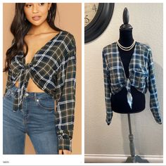 Plaid Tie Front Long Sleeve Crop Shirt With Front Pockets Pit To Pit 22” Length 18” Trendy Plaid V-neck Top, Shirt Tied In Knot, Plaid Tie, Shein Tops, Long Sleeve Crop, Check Shirt, Crop Shirt, Green And Brown, Plaid Shirt